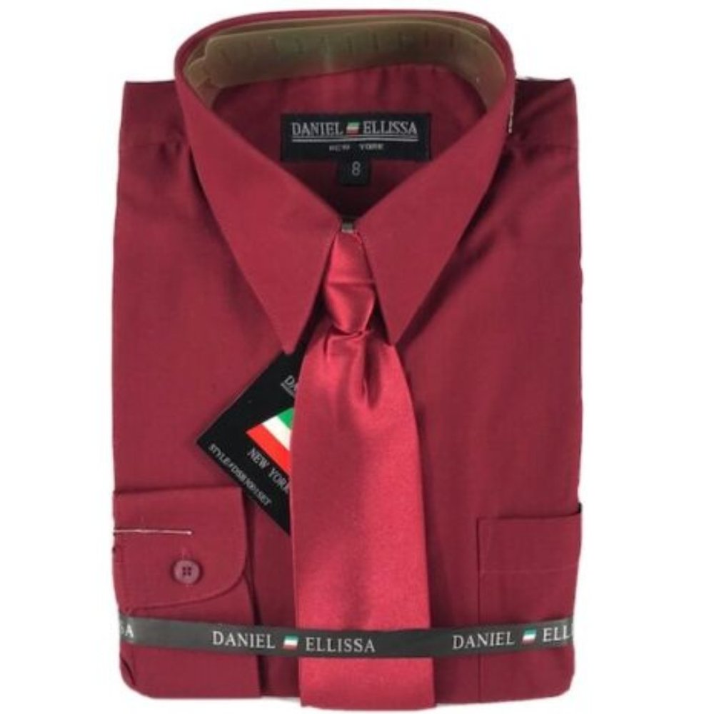 Daniel Ellissa Boys Burgundy Dress Shirt Tie Convertible Cuff Size 8
